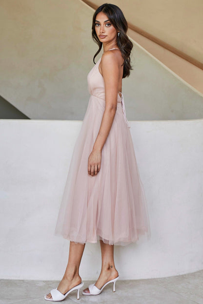 Floating By Plunging Neckline Mesh Overlay Midi Dress Apricot