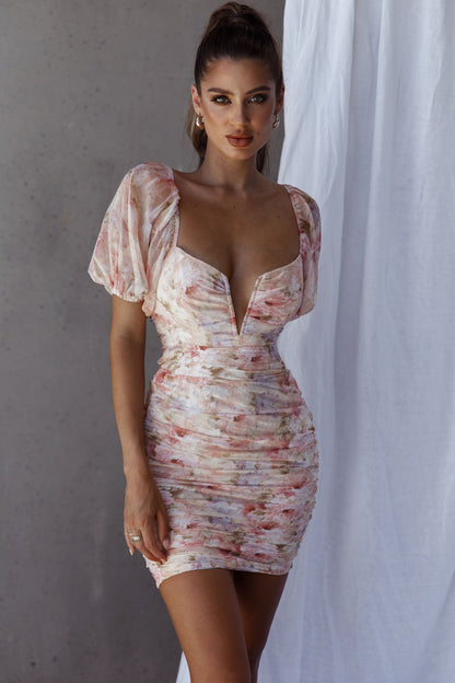 Good Vibes Puff Sleeve Deep V-Neckline Mini Dress Floral Print Pink