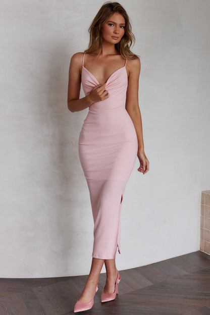 Frieda Cowl Neck Side Split Ribbed Midi Dress Blush