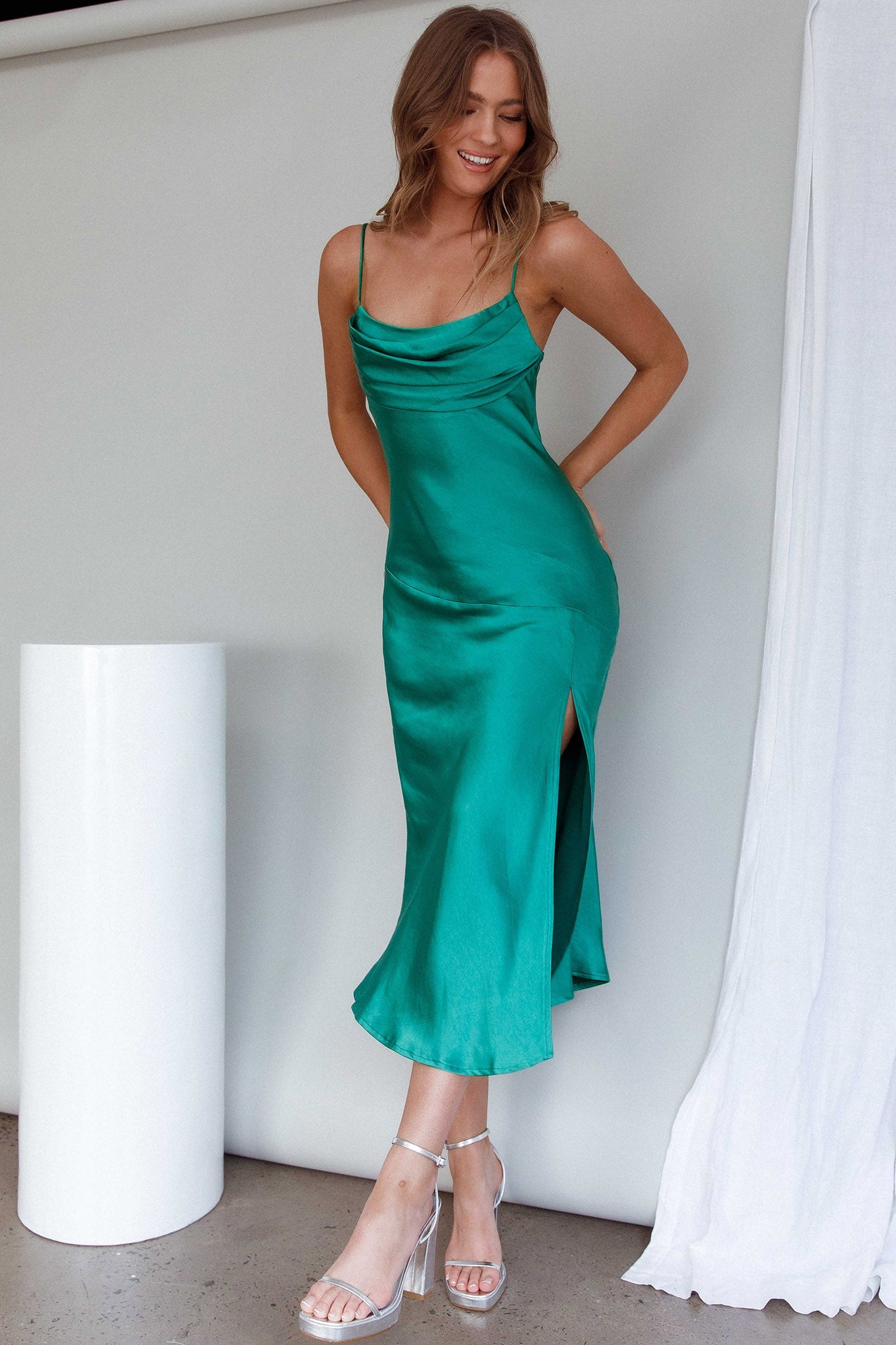 Well Versed Pleated Bust Front Split Dress Green