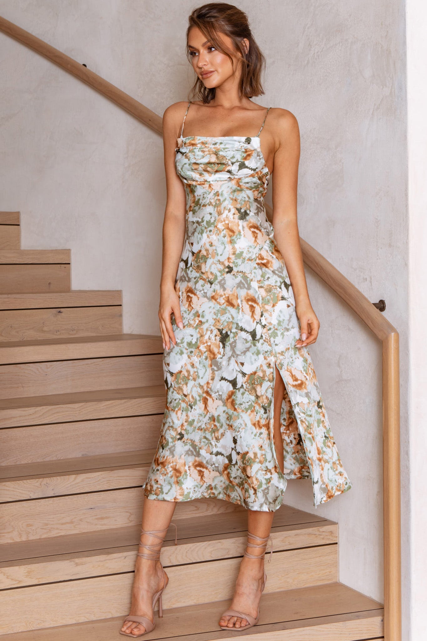 Well Versed Pleated Bust Front Split Dress Floral Abstract Print Sage