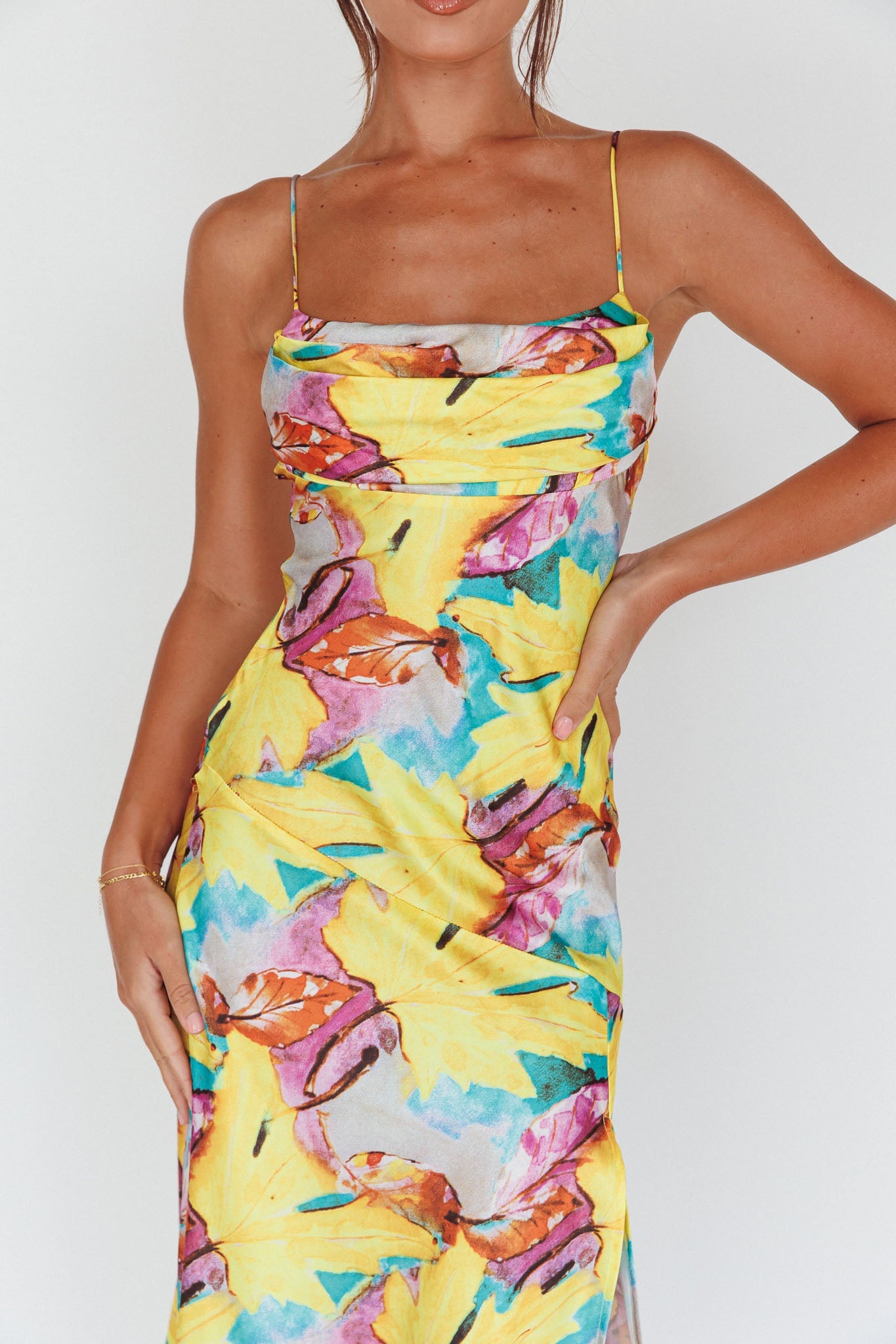 Well Versed Pleated Bust Front Split Dress Leaf Print Yellow