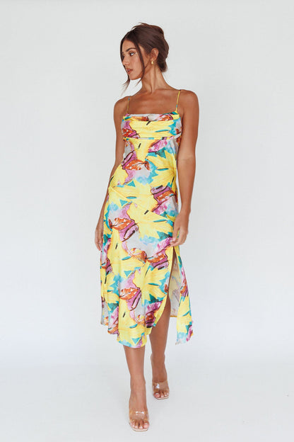 Well Versed Pleated Bust Front Split Dress Leaf Print Yellow