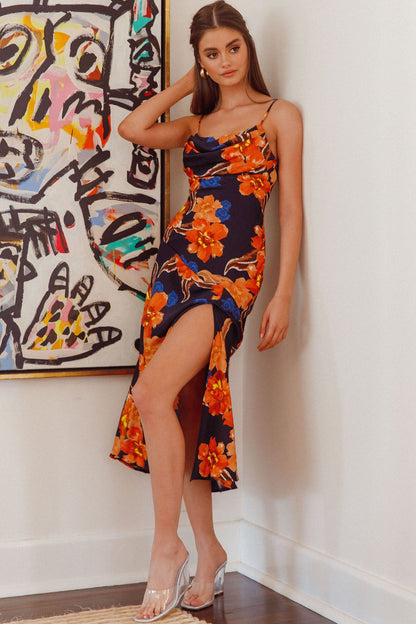 Well Versed Pleated Bust Front Split Dress Flower Orange