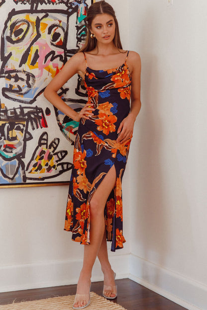 Well Versed Pleated Bust Front Split Dress Flower Orange