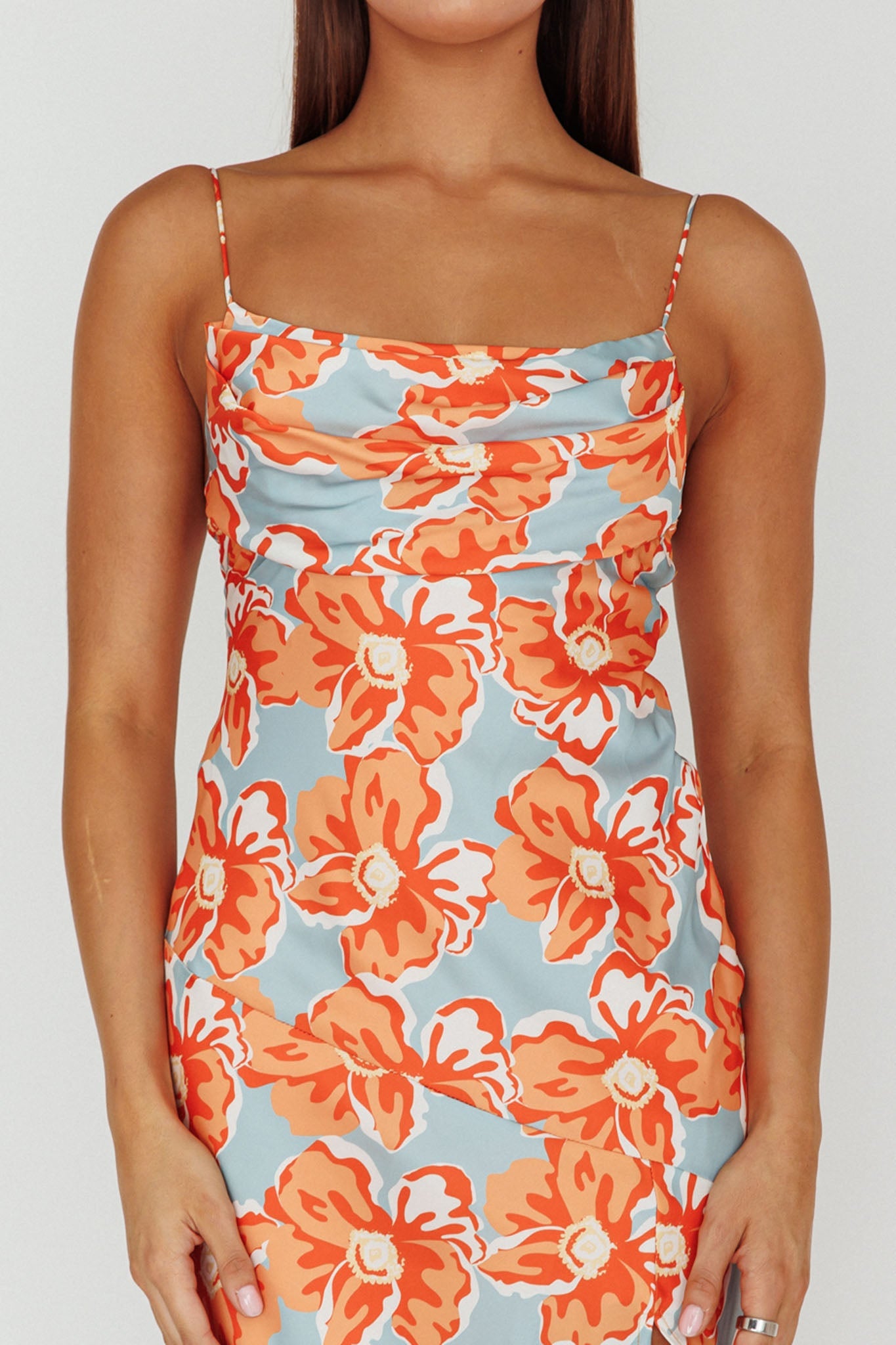 Well Versed Pleated Bust Front Split Dress Flowers Orange