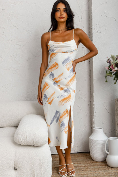 Well Versed Pleated Bust Front Split Dress Paint Print Blue/Orange