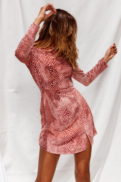Demure Long Sleeve Open Back Dress Snake Skin Pattern Rose