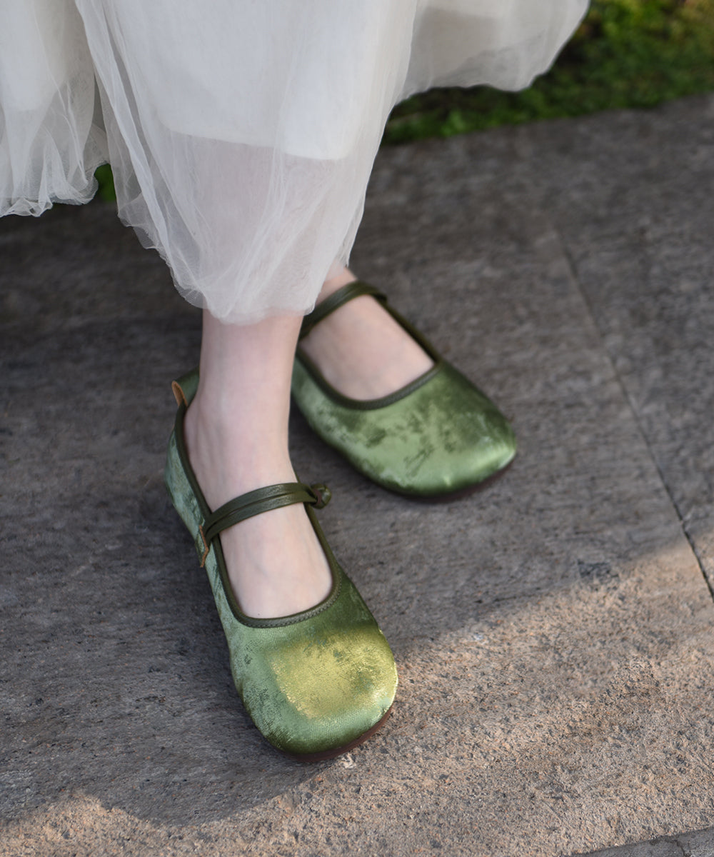 New Retro Green Buckle Strap Splicing Soft Flat Shoes