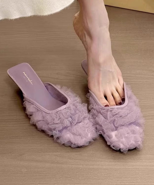 French Purple Tulle Wrinkled Kitten Slide Sandals