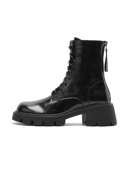 Lace-Up Round-Toe Solid Color Zipper Chunky Shoes Height Increasing Boots