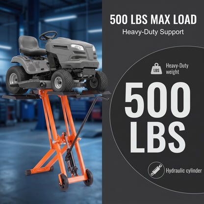 Lawn Mower Lift with Hydraulic Jack, 500 Lbs Weight Capacity, Solid Carbon Steel Lawn Mower Lift, Adjustable Movable Lawn Lifter for Riding Tractors and Zero Turn Lawn Mowers, Orange