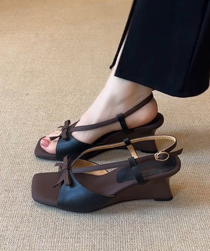 Black Faux Leather Splicing Wedge Heels Sandals Peep Toe