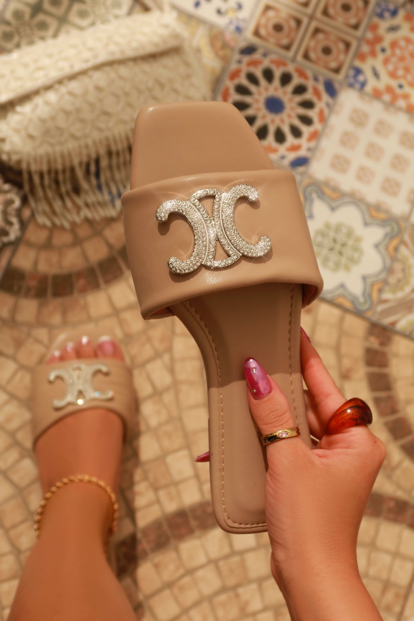 Ceci Flat Slip On Sandals - Nude