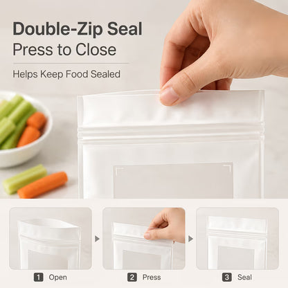 🥬 50/100PCS Reusable Long Food Storage Bags, Double-Zip Seal Freshness Bags for Kitchen
