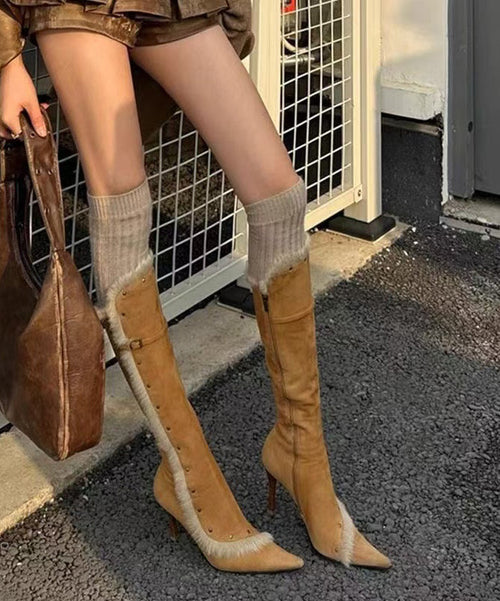 Fine Splicing Stiletto Boots Yellow Suede Fuzzy Wool Lined Pointed Toe
