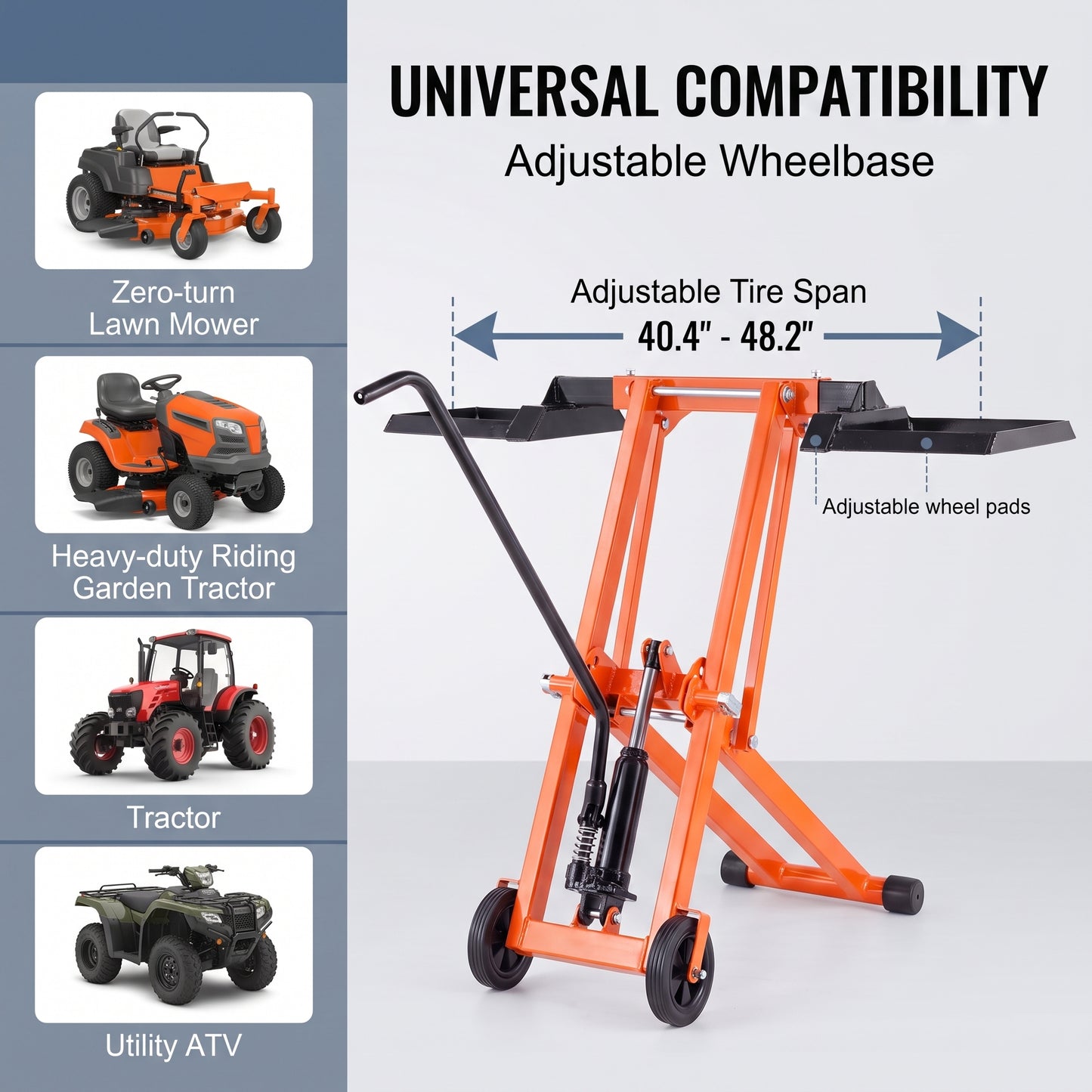 Lawn Mower Lift with Hydraulic Jack, 500 Lbs Weight Capacity, Solid Carbon Steel Lawn Mower Lift, Adjustable Movable Lawn Lifter for Riding Tractors and Zero Turn Lawn Mowers, Orange