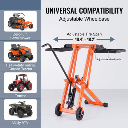 Lawn Mower Lift with Hydraulic Jack, 500 Lbs Weight Capacity, Solid Carbon Steel Lawn Mower Lift, Adjustable Movable Lawn Lifter for Riding Tractors and Zero Turn Lawn Mowers, Orange