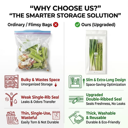 🥬 50/100PCS Reusable Long Food Storage Bags, Double-Zip Seal Freshness Bags for Kitchen