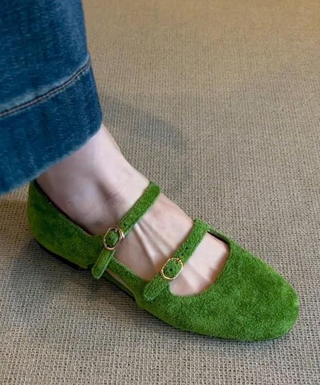 Casual Buckle Strap Splicing Flat Feet Shoes Green Suede