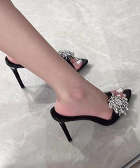 Black Stiletto Faux Leather Fashion Slide Sandals Zircon