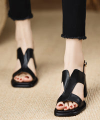 Handmade Splicing Buckle Strap Chunky Sandals Black Faux Leather