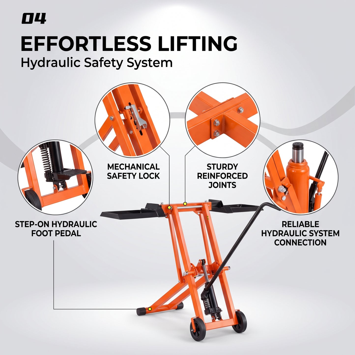 Lawn Mower Lift with Hydraulic Jack, 500 Lbs Weight Capacity, Solid Carbon Steel Lawn Mower Lift, Adjustable Movable Lawn Lifter for Riding Tractors and Zero Turn Lawn Mowers, Orange