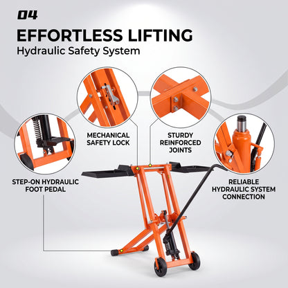 Lawn Mower Lift with Hydraulic Jack, 500 Lbs Weight Capacity, Solid Carbon Steel Lawn Mower Lift, Adjustable Movable Lawn Lifter for Riding Tractors and Zero Turn Lawn Mowers, Orange