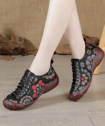 Brown Embossed Cross Strap Splicing Cowhide Leather Flat Shoes