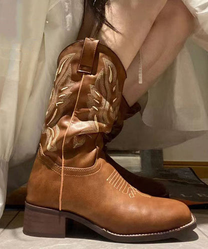 Genuine Leather Boots Unique Splicing Brown Embroidery