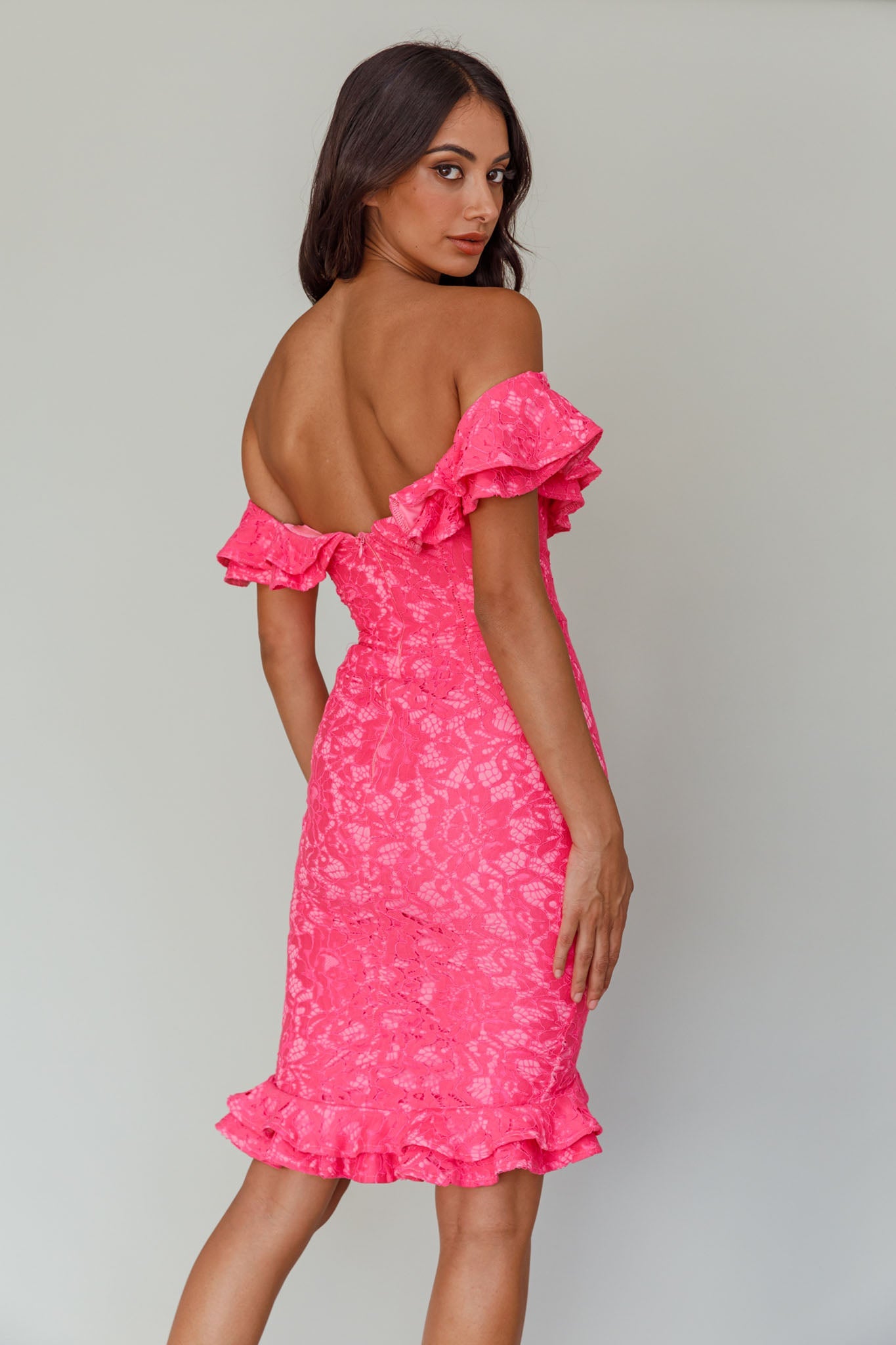 Rossi Off-Shoulder Double Ruffle Lace Dress Hot Pink