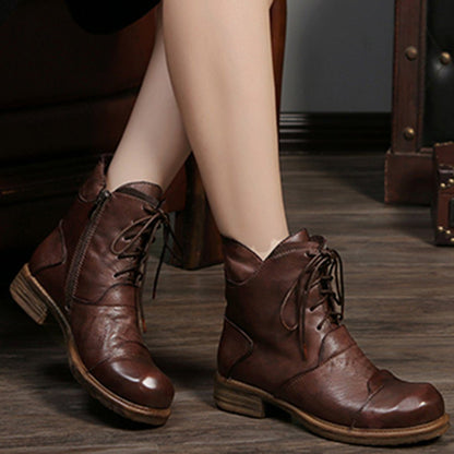 Cozy Lace Up Leather Chunky Heels Martin Boots