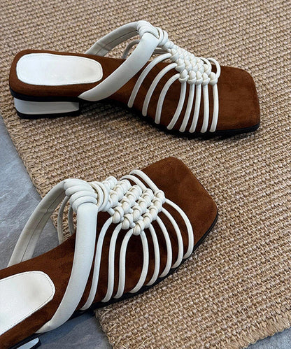Beige Cowhide Leather Splicing Hollow Out Slide Sandals Peep Toe