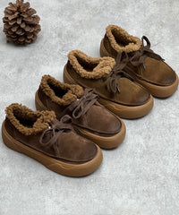 Coffee Flats Lace Up Flat Shoes For Women Fuzzy Wool Lined
