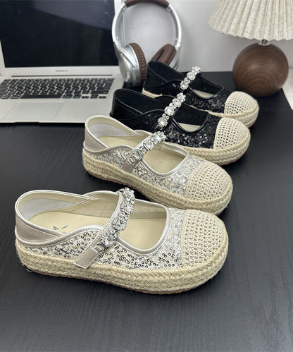 Beige Sequins Zircon Buckle Strap Splicing Platform Flat Shoes