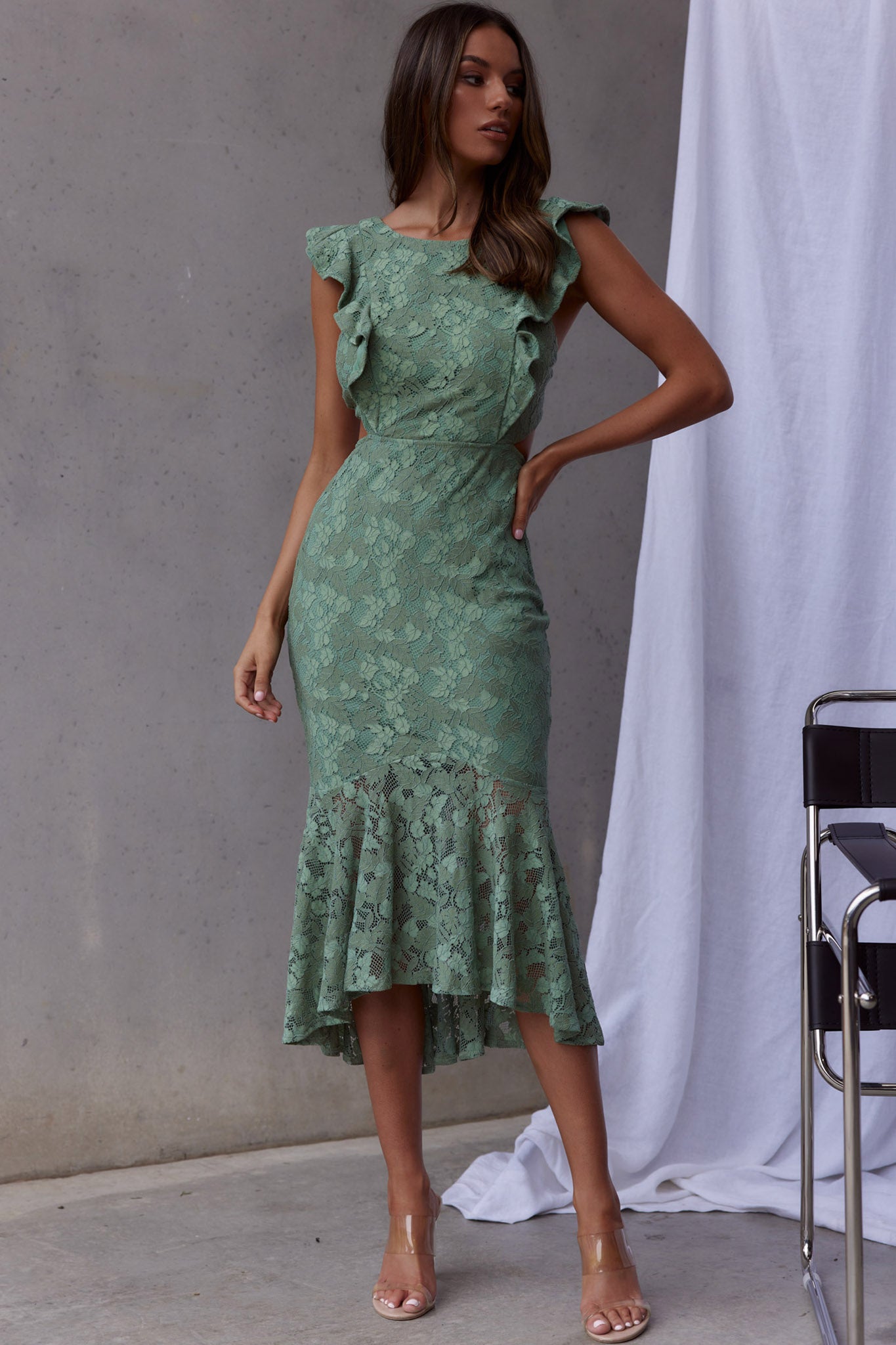 Jackie Pinafore Floral Lace Dress Avocado