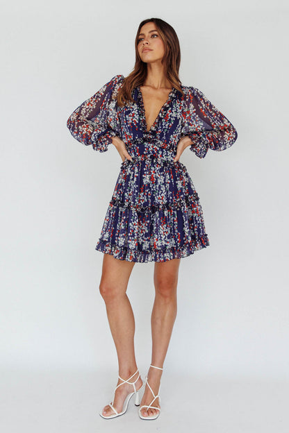 Laney Cutout Back Ruffle Detail Floral Dress Navy