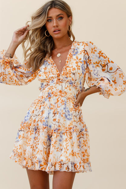 Laney Cutout Back Frill Trim Dress Floral Pattern Orange