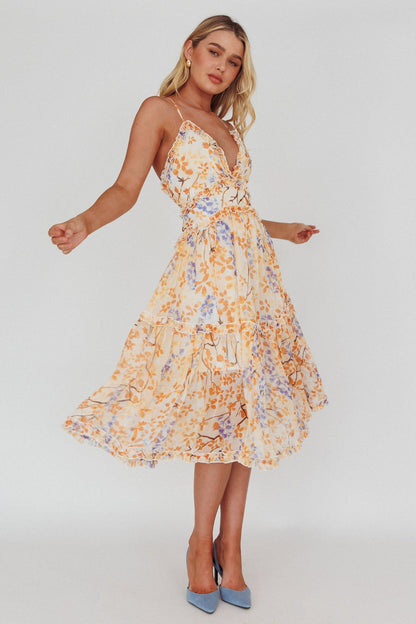 Laney Low Back Cami Strap Midi Dress Floral Orange