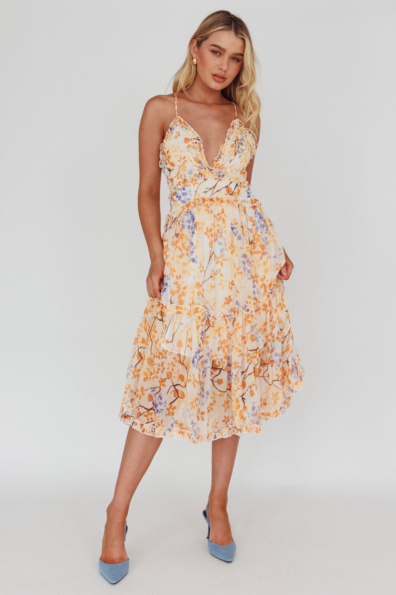 Laney Low Back Cami Strap Midi Dress Floral Orange