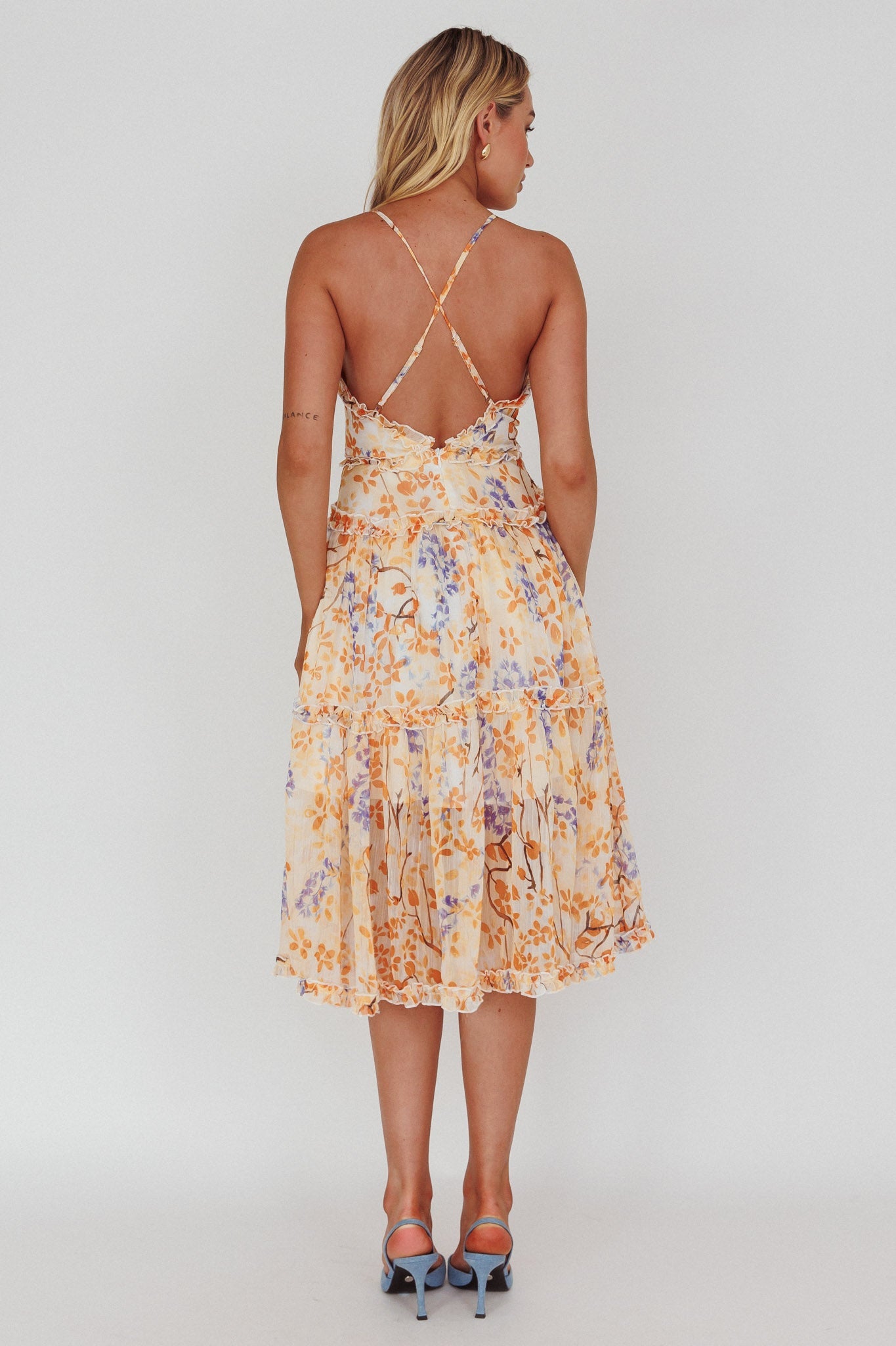 Laney Low Back Cami Strap Midi Dress Floral Orange