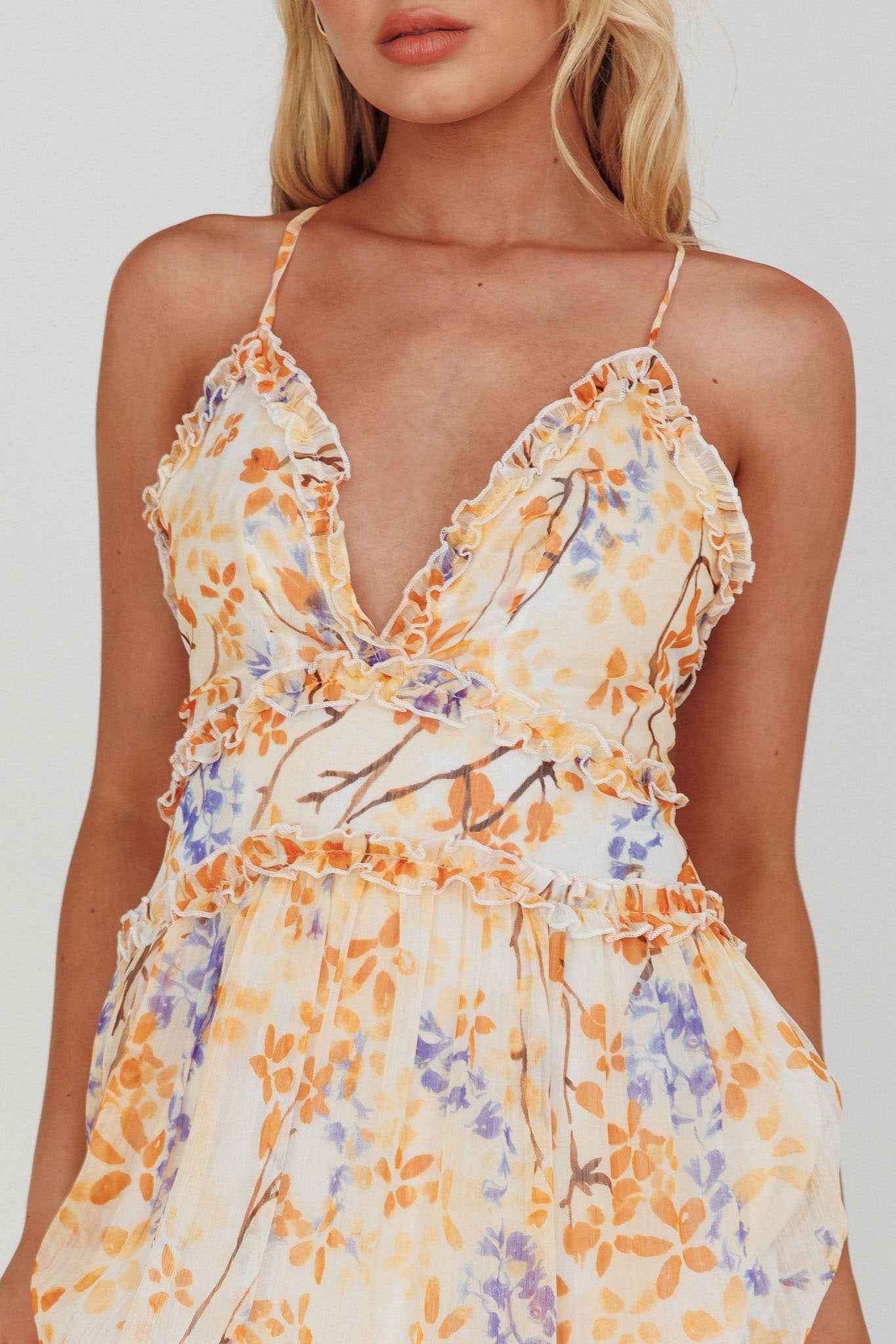 Laney Low Back Cami Strap Midi Dress Floral Orange