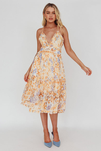 Laney Low Back Cami Strap Midi Dress Floral Orange