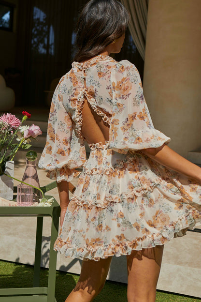 Laney Cutout Back Ruffle Trim Dress Vintage Floral Print Beige