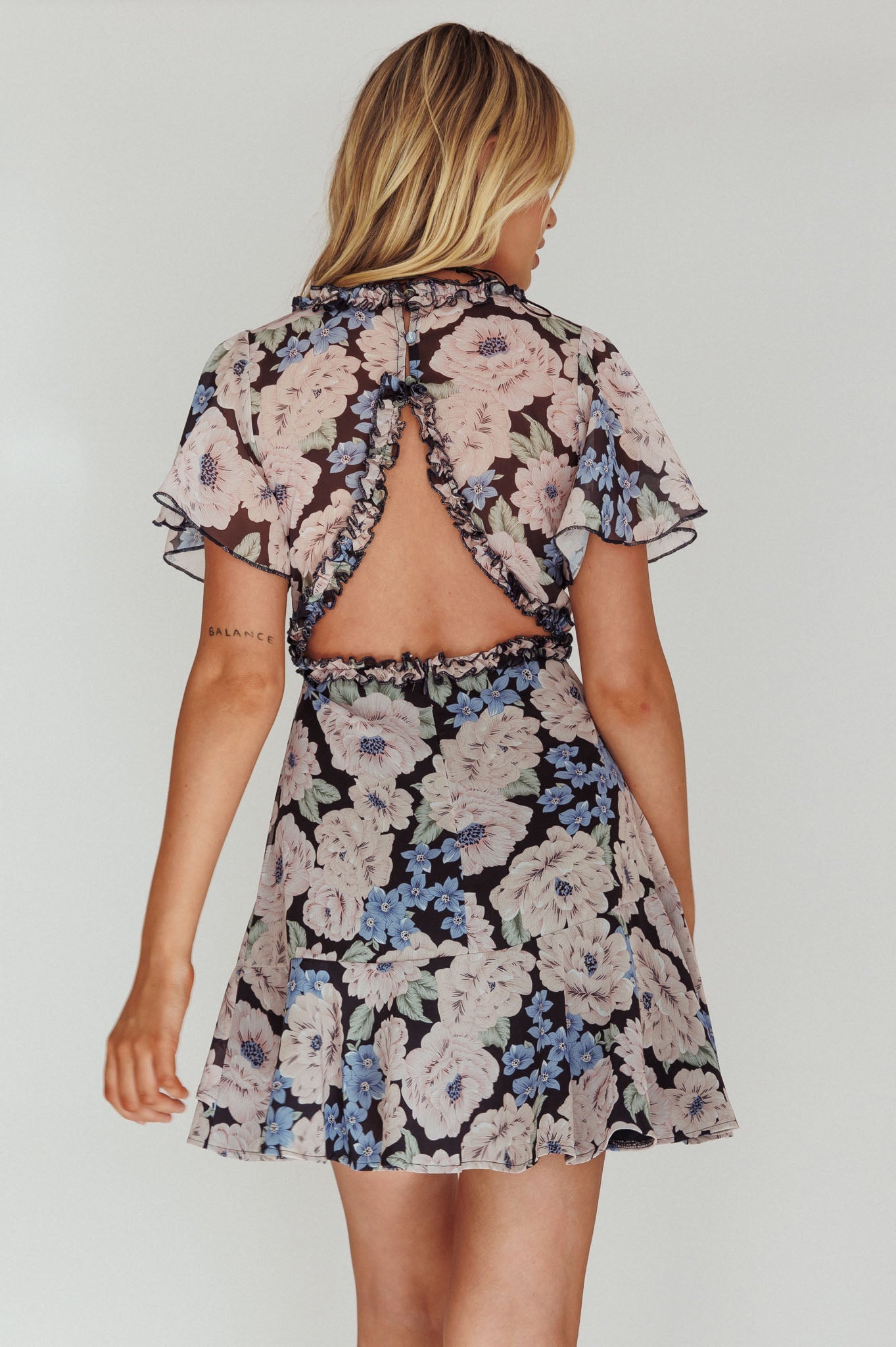 Laney Angel Sleeve Ruffle Dress Floral Blue