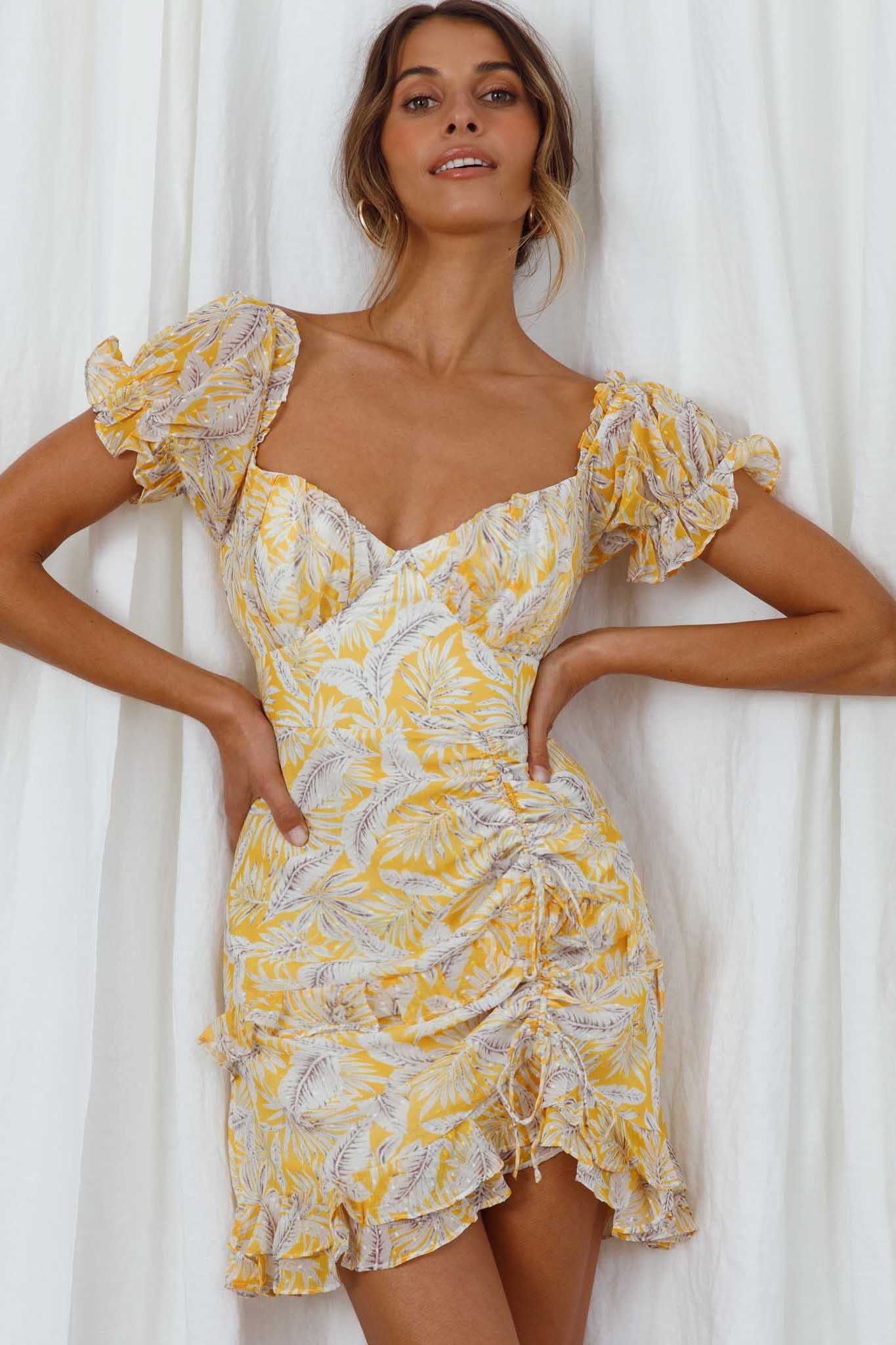 Linka Puff Sleeve Drawstring Detail Dress Palm Print Yellow