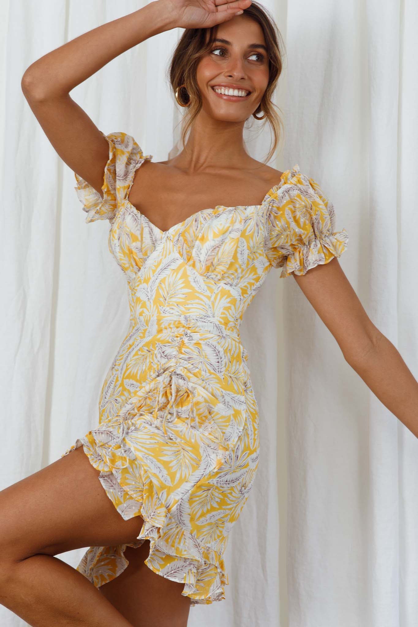 Linka Puff Sleeve Drawstring Detail Dress Palm Print Yellow