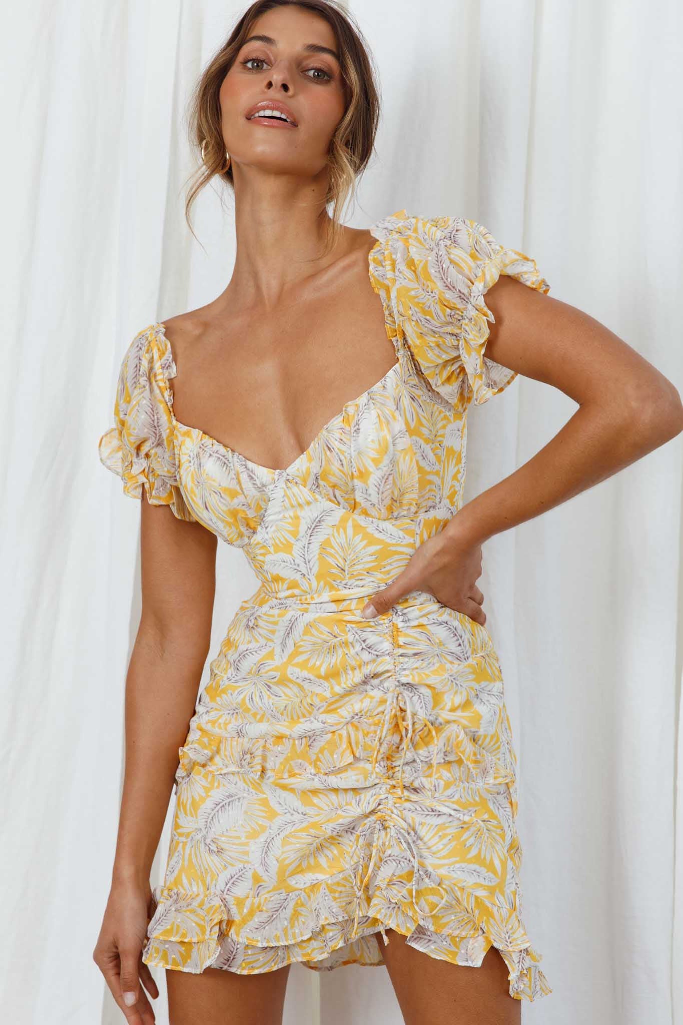 Linka Puff Sleeve Drawstring Detail Dress Palm Print Yellow