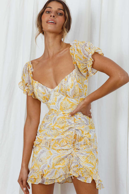 Linka Puff Sleeve Drawstring Detail Dress Palm Print Yellow