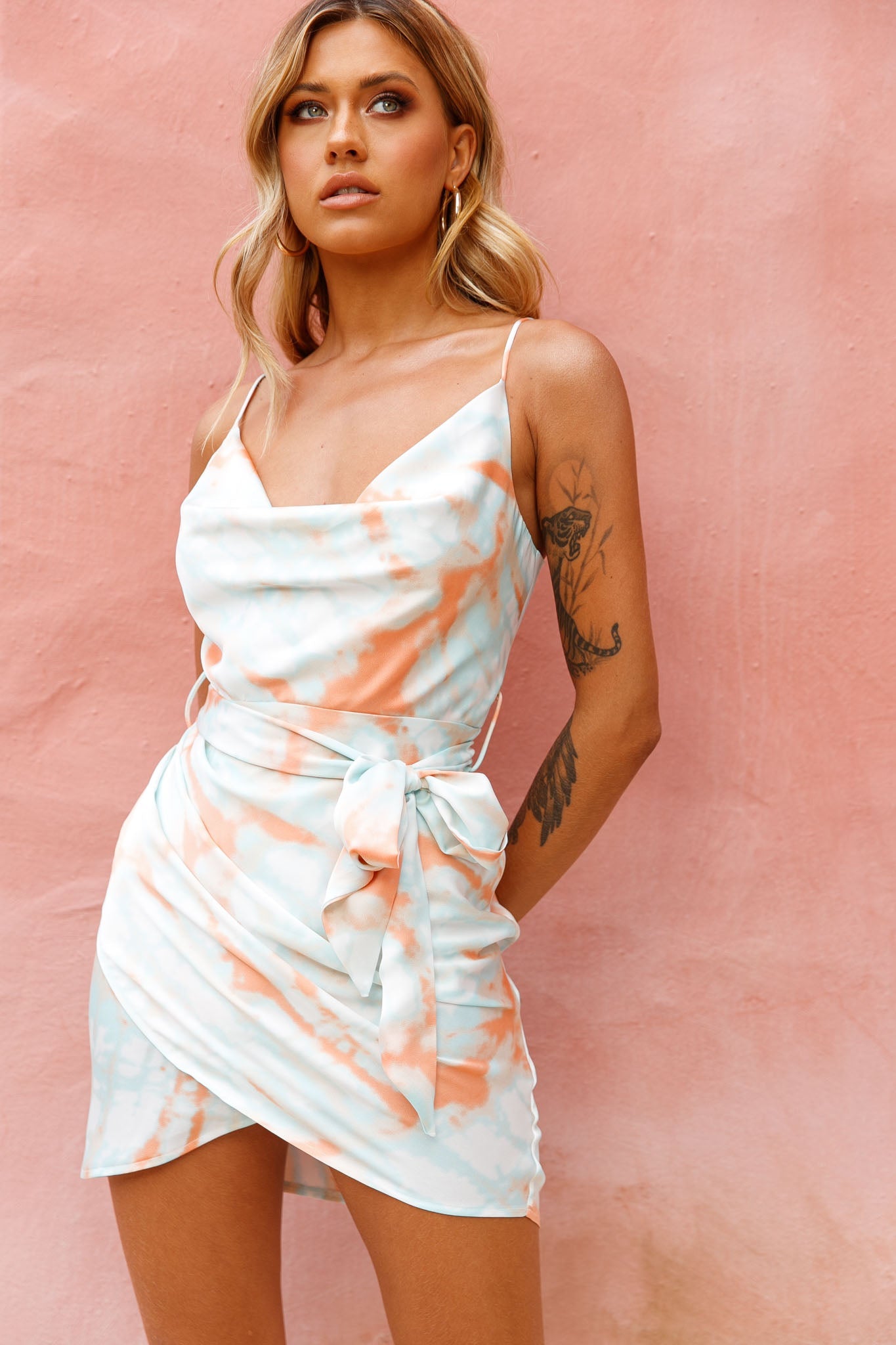 Bebe Satin Cowl Neck Wrap Dress Tie-Dye Orange